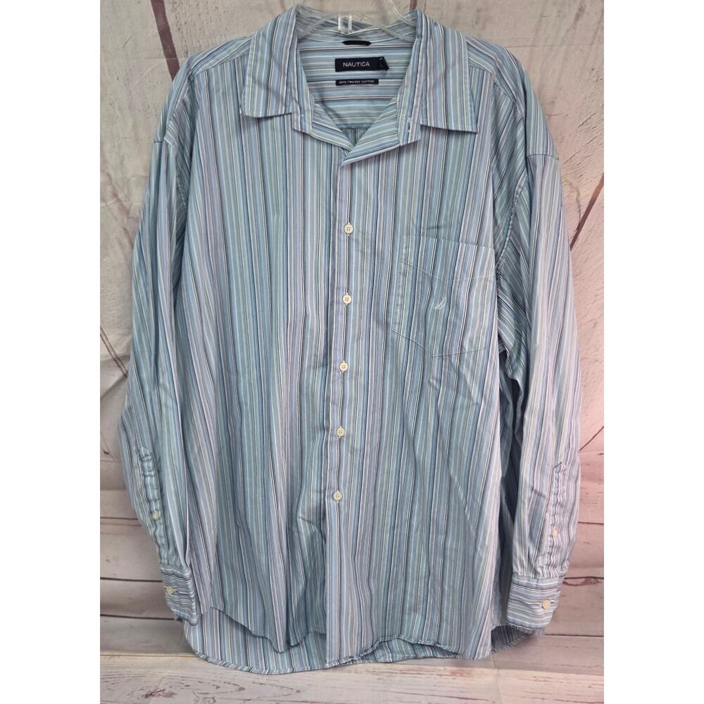 Vintage Nautica Two-Ply Cotton Blue White Striped Button Shirt XXL